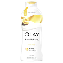 Olay Ultra Moisture body wash bottle with Shea Butter label and gold cap