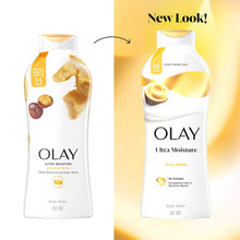 Olay Ultra Moisture body wash bottles shown side by side