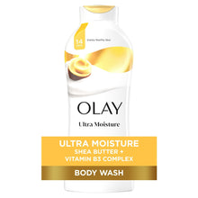 Olay Ultra Moisture body wash bottle with gold cap and Shea Butter label