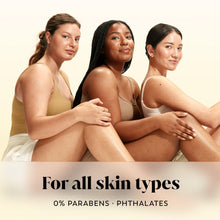 Body wash for all skin types, three women with smooth bare shoulders