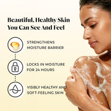 Moisturizing body wash, woman lathering arms with creamy suds