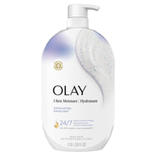 Olay ultra moisture exfoliating body wash pump bottle, front label