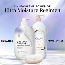 Olay Ultra Moisture body wash pump bottle with exfoliating beads and bar soap