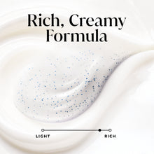Creamy white body wash gel swirl with light-to-rich indicator below