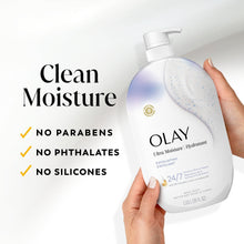 Body wash bottle with white pump top held in hand with clean icons on label