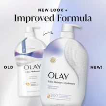 Body wash bottles with white pump dispensers, one bottle shows old vs new packaging
