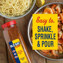 Old Bay seasoning bottle with shake, sprinkle & pour cooking instruction graphic