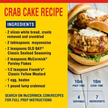Crab cake recipe card with an ingredients list featuring Old Bay Classic Seafood Seasoning