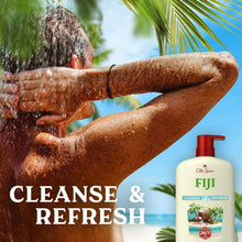 Body wash bottle with red pump next to a person rinsing an arm with water.