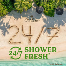 “24/7 Shower Fresh” promotional text on sandy beach background.