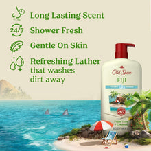 Fiji body wash bottle with red pump and tropical front label, 30 oz.