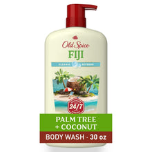 Fiji body wash bottle with red pump and label reading Palm Tree + Coconut.