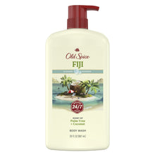 Fiji body wash bottle with red pump and off-white label on front.
