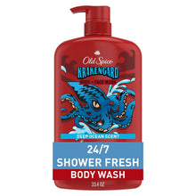 Old Spice Krakengard body wash pump bottle, red with octopus ocean graphic label