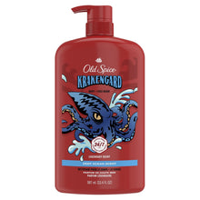 Old Spice Krakengard body wash bottle, red pump and octopus label front view