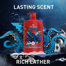 Old Spice Krakengard body wash bottle, red pump with octopus splash label