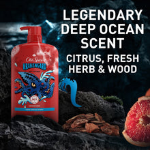 Old Spice Krakengard body wash bottle, red with blue octopus graphic and ocean label