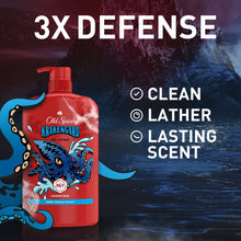 Old Spice Krakengard body wash pump bottle, red with ocean splash and octopus design