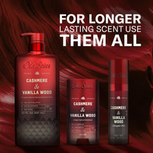 Old Spice body wash trio, Cashmere & Vanilla Wood, red pumps and dark-gray label