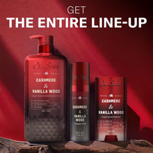 Old Spice body wash lineup, Cashmere & Vanilla Wood bottles with red pumps