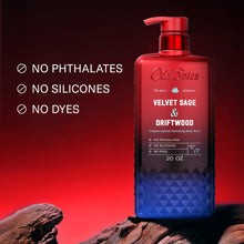 Body wash bottle with red pump; blue label 'No phthalates, no silicones, no dyes'