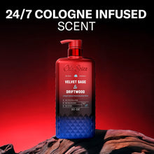 Body wash bottle with red pump and blue label, Velvet Sage & Driftwood scent