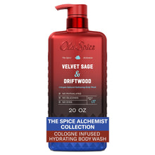 Body wash bottle with red pump, blue base and label 'Velvet Sage & Driftwood'