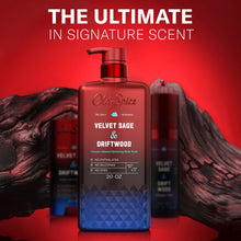 Body wash bottle with red pump and blue label for Velvet Sage & Driftwood