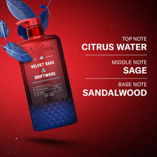 Body wash bottle with red pump and blue label, citrus water, sage, sandalwood notes
