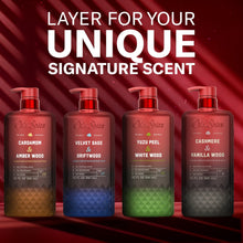 Men's body wash bottles with pumps, including Velvet Sage & Driftwood