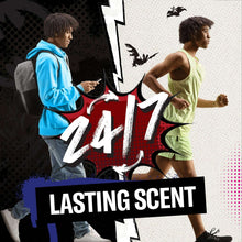 Batman-themed body wash promo graphic with bold “24/7 lasting scent” text
