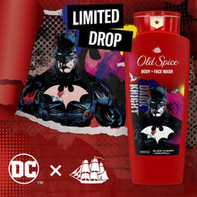 Old Spice body + face wash bottle beside Batman poster, limited drop sign