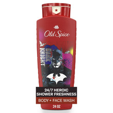 Old Spice body + face wash bottle, red with Batman artwork, 24 oz
