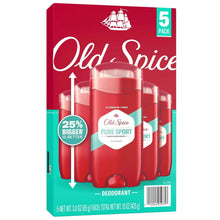Old Spice Pure Sport deodorant 5-pack with red sticks and clear caps