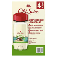 Antiperspirant + deodorant bottle on 4-pack box, Old Spice Fiji, red cap.