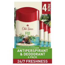 Antiperspirant & deodorant 4-pack box with Old Spice Fiji, red-capped sticks.