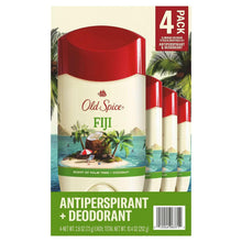 Antiperspirant + deodorant 4-pack box with three white sticks and red caps.