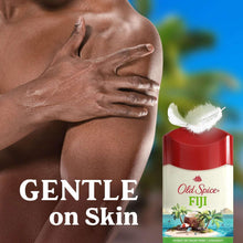 Old Spice Fiji antiperspirant beside underarm, red-capped white stick on body image.