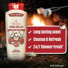 Old Spice Serial Griller body wash bottle with 24/7 shower fresh badge, red cap