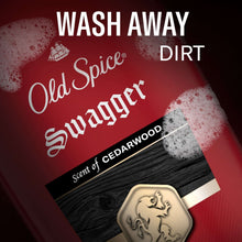 Old Spice Swagger body wash bottle label, cedarwood scent and dirt-fighting claim