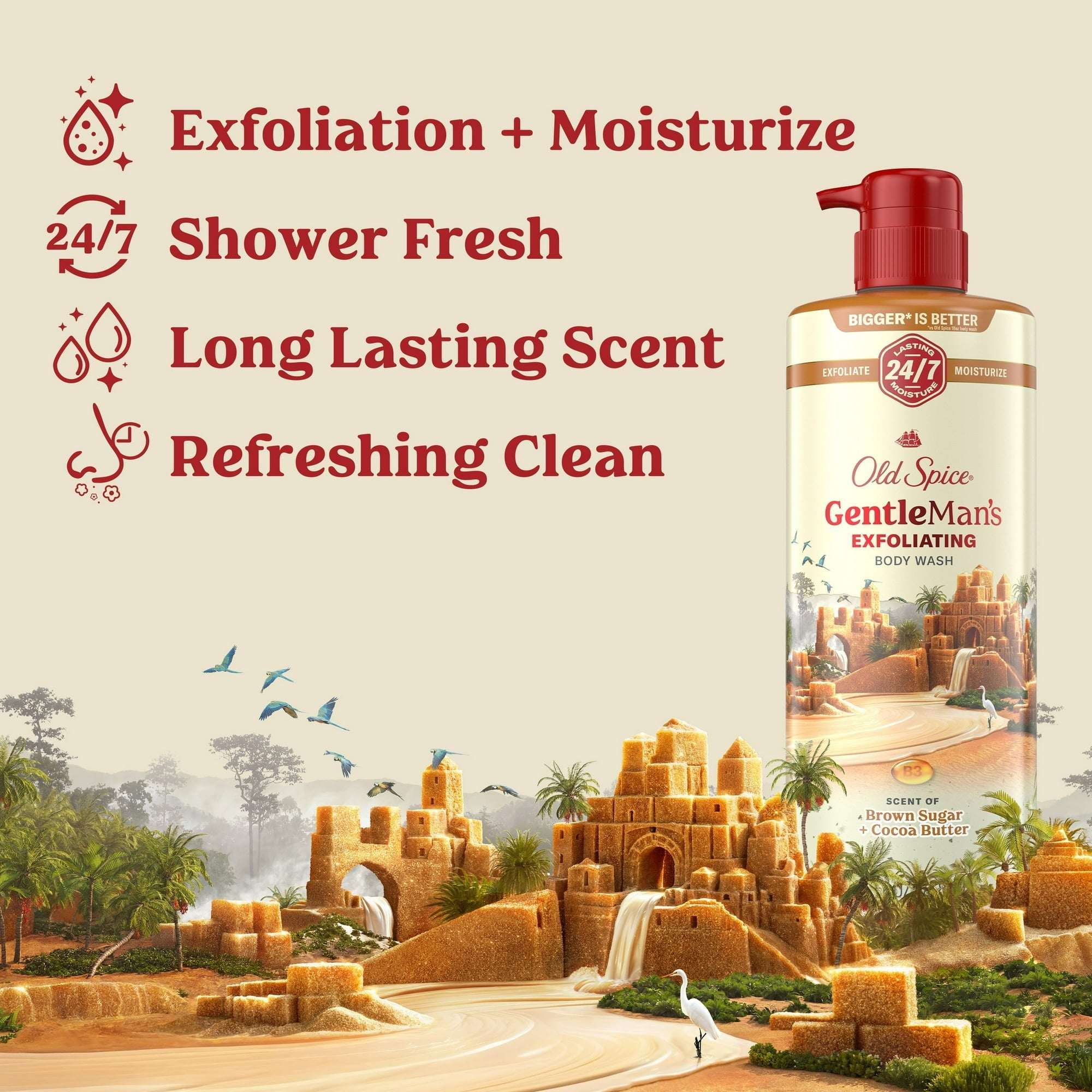Old Spice Men's Body Wash for Men, Brown Sugar and Cocoa Butter, 24/7 Shower Fresh, 18 oz, Exfoliation + Moisturization, 26oz