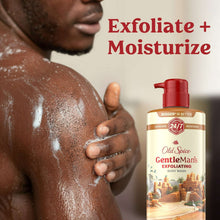 Old Spice Gentlemen's exfoliating body wash, red pump bottle with foamy lather on skin.