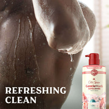 Body wash bottle beside lathered skin, with refreshing clean text