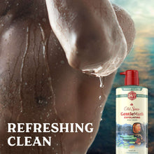 Body wash on wet skin with red-pump bottle and dripping water