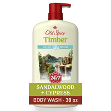 Old Spice Timber body wash bottle with red pump, beige label, 30 oz