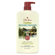 Old Spice Timber body wash bottle with red pump, Sandalwood + Cypress scent