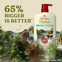 Old Spice Timber body wash bottle with red pump, 65% bigger claim graphic
