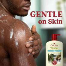 Old Spice Timber body wash bottle with red pump, gentle on skin