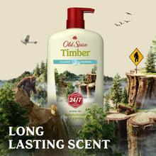 Old Spice Timber body wash bottle with red pump, long lasting scent graphic