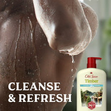 Old Spice Timber body wash bottle with red pump, cleansing water and foam